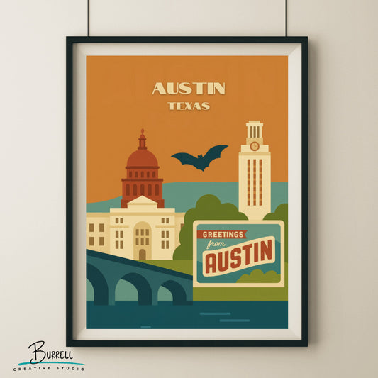 Austin Texas Unique Attractions Travel Poster & Wall Art Poster Print