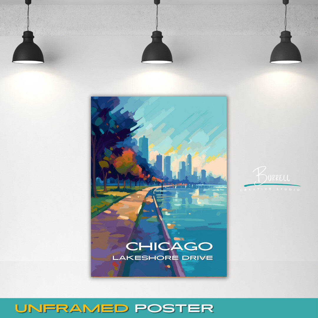 Chicago Illinois Lakeshore Drive Walking Path Travel Poster & Wall Art Poster Print