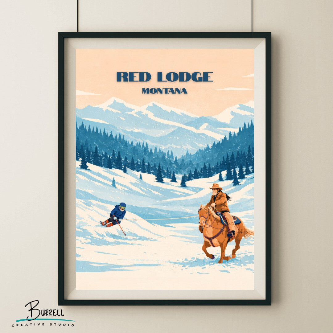 Red Lodge Montana Skijoring Travel Posters & Wall Art Poster Print