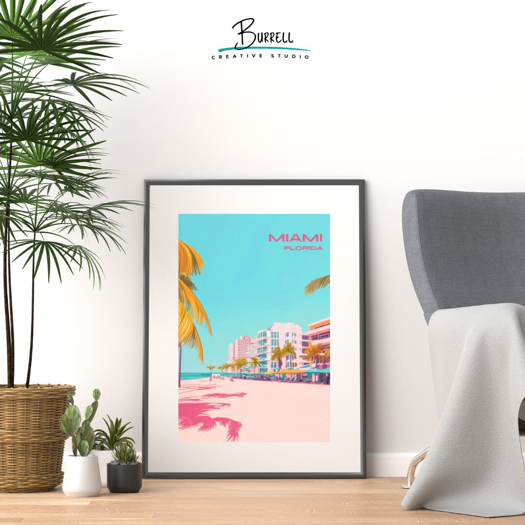 Miami Florida Beach View Travel Poster & Wall Art Poster Print