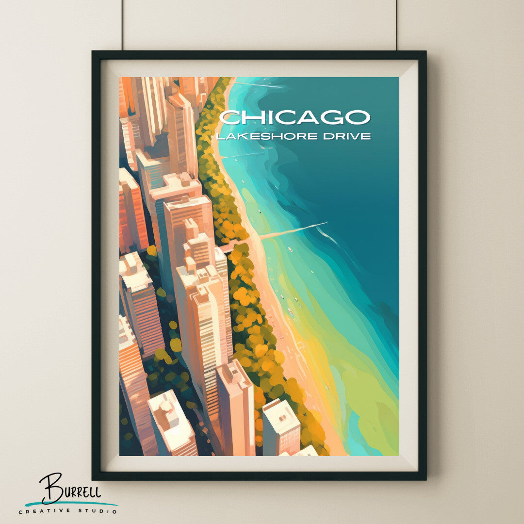 Chicago Illinois Lakeshore Drive Aerial View Travel Poster & Wall Art Poster Print