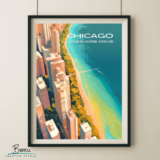 Chicago Illinois Lakeshore Drive Aerial View Travel Poster & Wall Art Poster Print