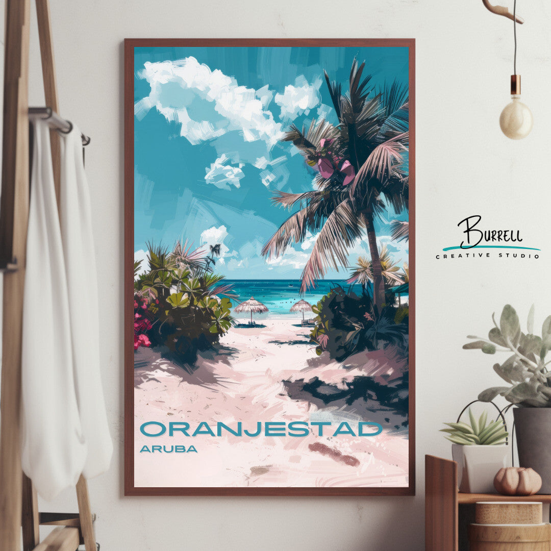 Oranjestad Aruba Beach View Travel Poster & Wall Art Poster Print