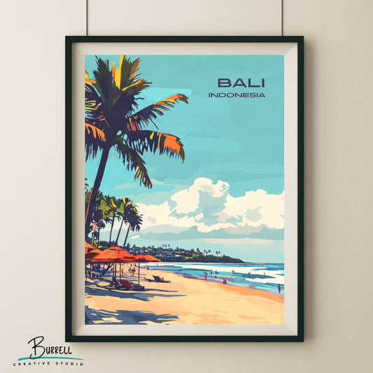 Denpasar Bali Seminyak Beach Travel Poster & Wall Art Poster Print