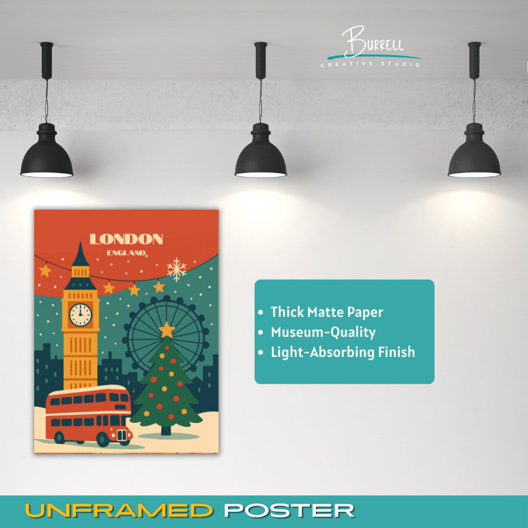 London England Christmas Travel Poster & Wall Art Poster Print