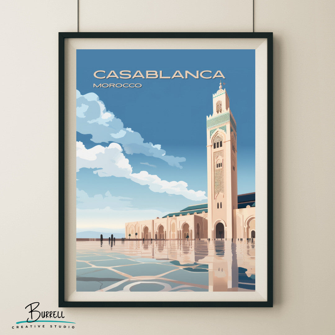 Casablanca Morocco Hassan II Mosque Travel Poster & Wall Art Poster Print