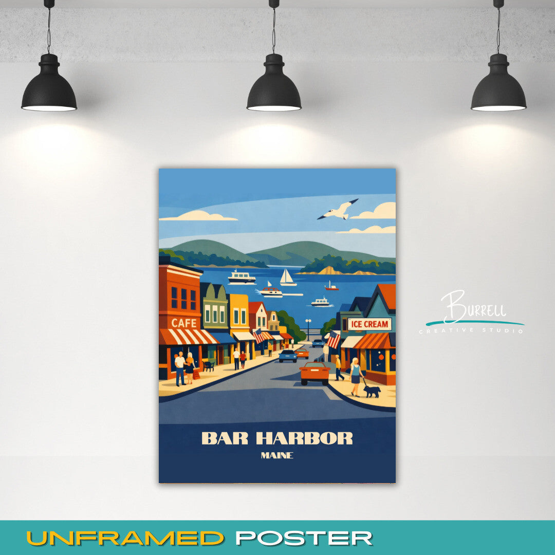 Bar Harbor Maine Downtown Travel Poster & Wall Art Poster Print