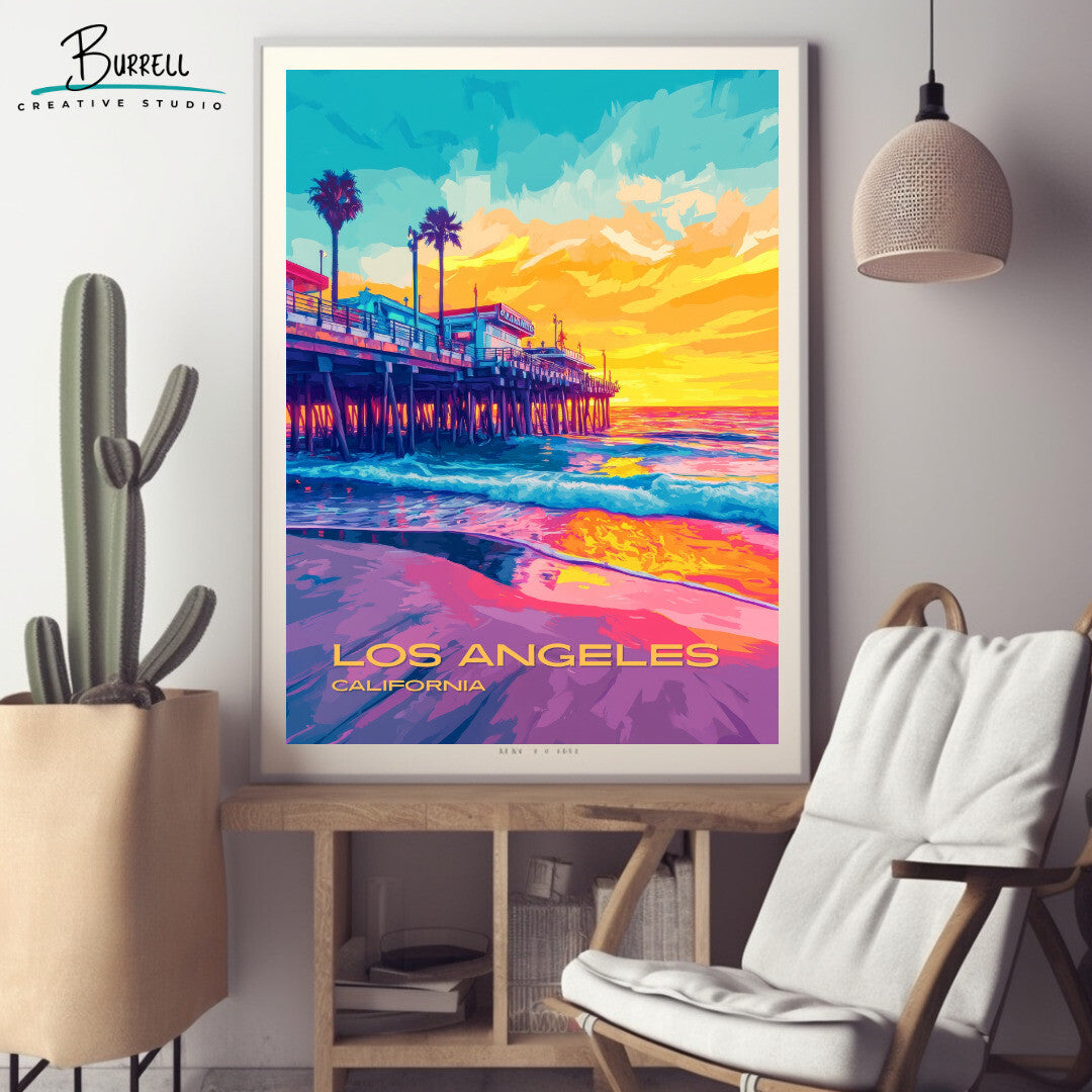 Los Angeles California Santa Monica Pier Travel Poster & Wall Art Poster Print