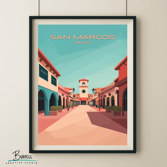 San Marcos Texas Shopping Mall Travel Poster & Wall Art Poster Print