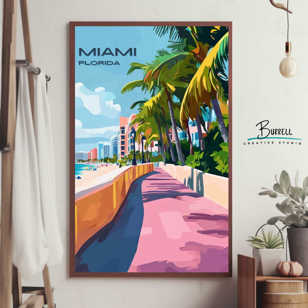 Miami Florida Beach Boardwalk Travel Poster & Wall Art Poster Print