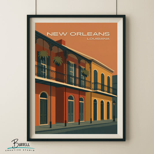 New Orleans Louisiana Vintage French Quarters Travel Poster & Wall Art Poster Print