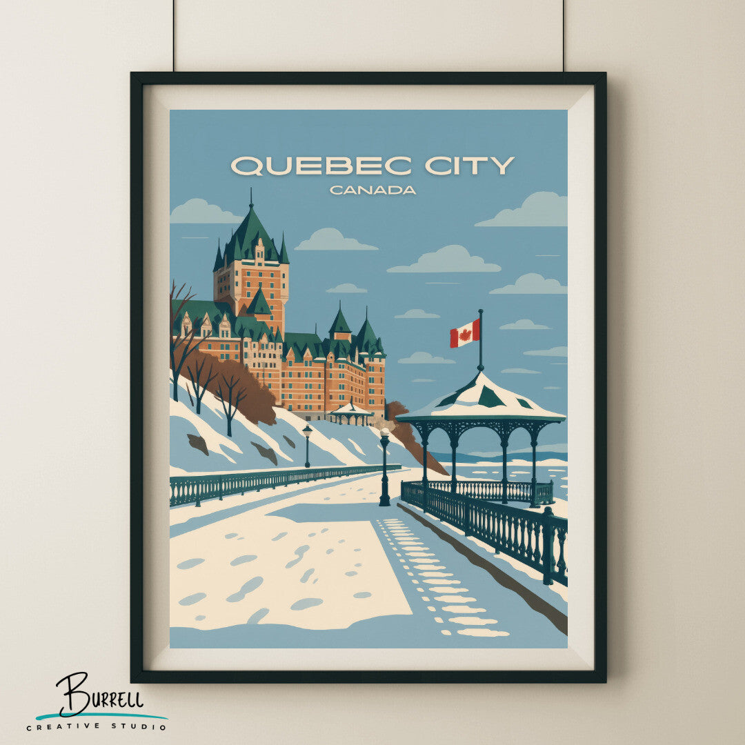 Quebec City Canada Wintery Terrasse Dufferin Travel Poster & Wall Art Poster Print