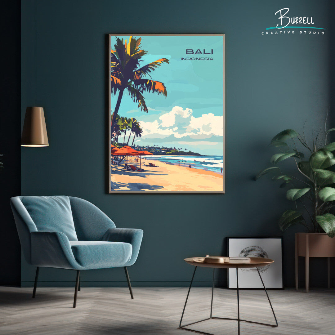 Denpasar Bali Seminyak Beach Travel Poster & Wall Art Poster Print