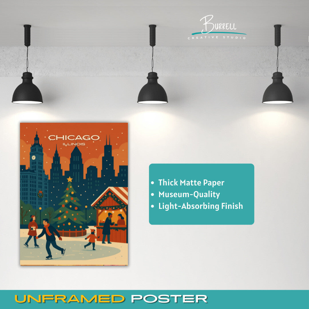 Chicago Illinois Christmas Holidays Travel Poster & Wall Art Poster Print