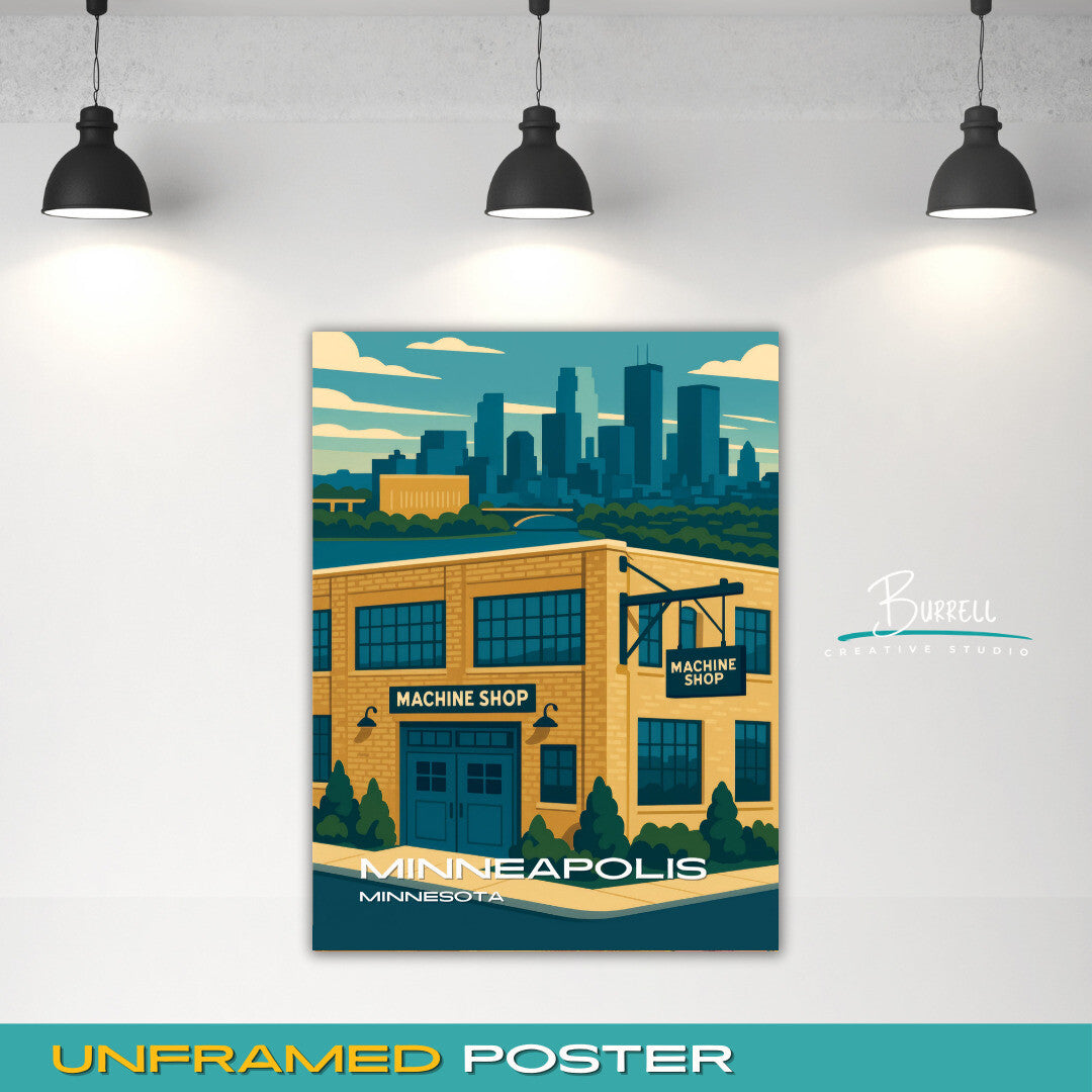 Minneapolis Minnesota Machine Shop Travel Poster & Wall Art Poster Print