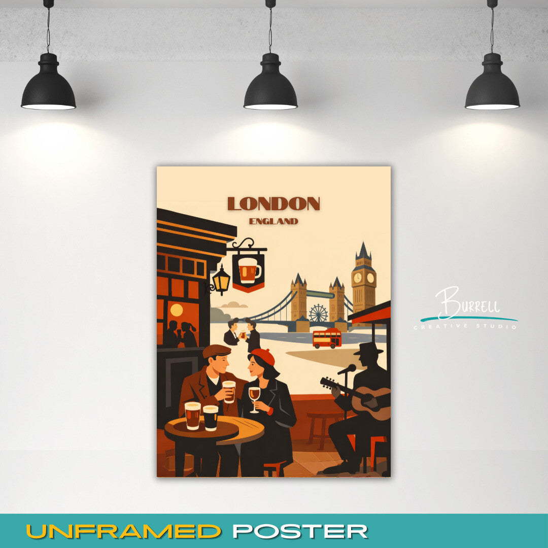 London England Pub Culture Travel Poster & Wall Art Poster Print