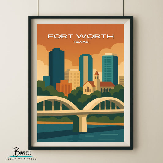 Fort Worth Texas Skyline Travel Poster & Wall Art Poster Print