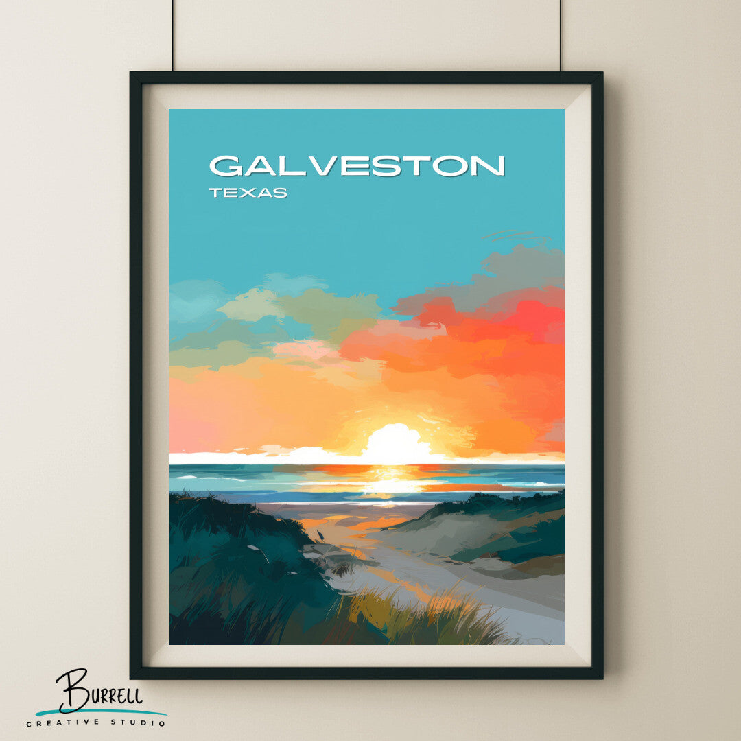 Galveston Texas Beach Sunset Travel Poster & Wall Art Poster Print