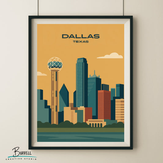 Dallas Texas Skyline Travel Poster & Wall Art Poster Print