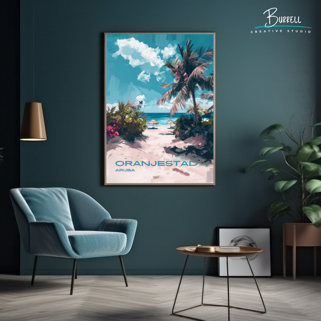 Oranjestad Aruba Beach View Travel Poster & Wall Art Poster Print