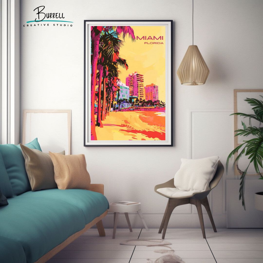 Miami Florida Beach Travel Poster & Wall Art Poster Print