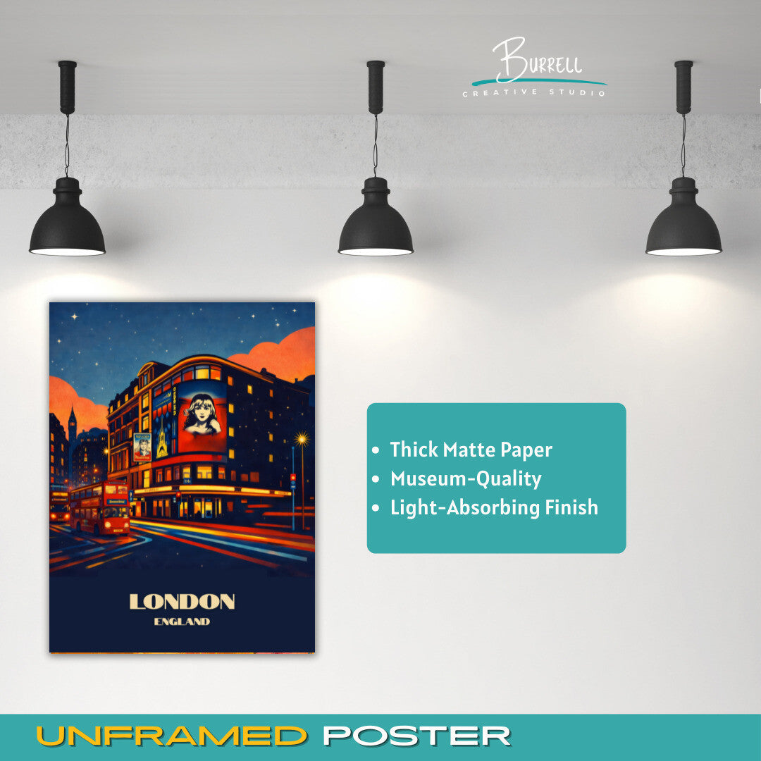 London England West End Theater District Travel Poster & Wall Art Poster Print