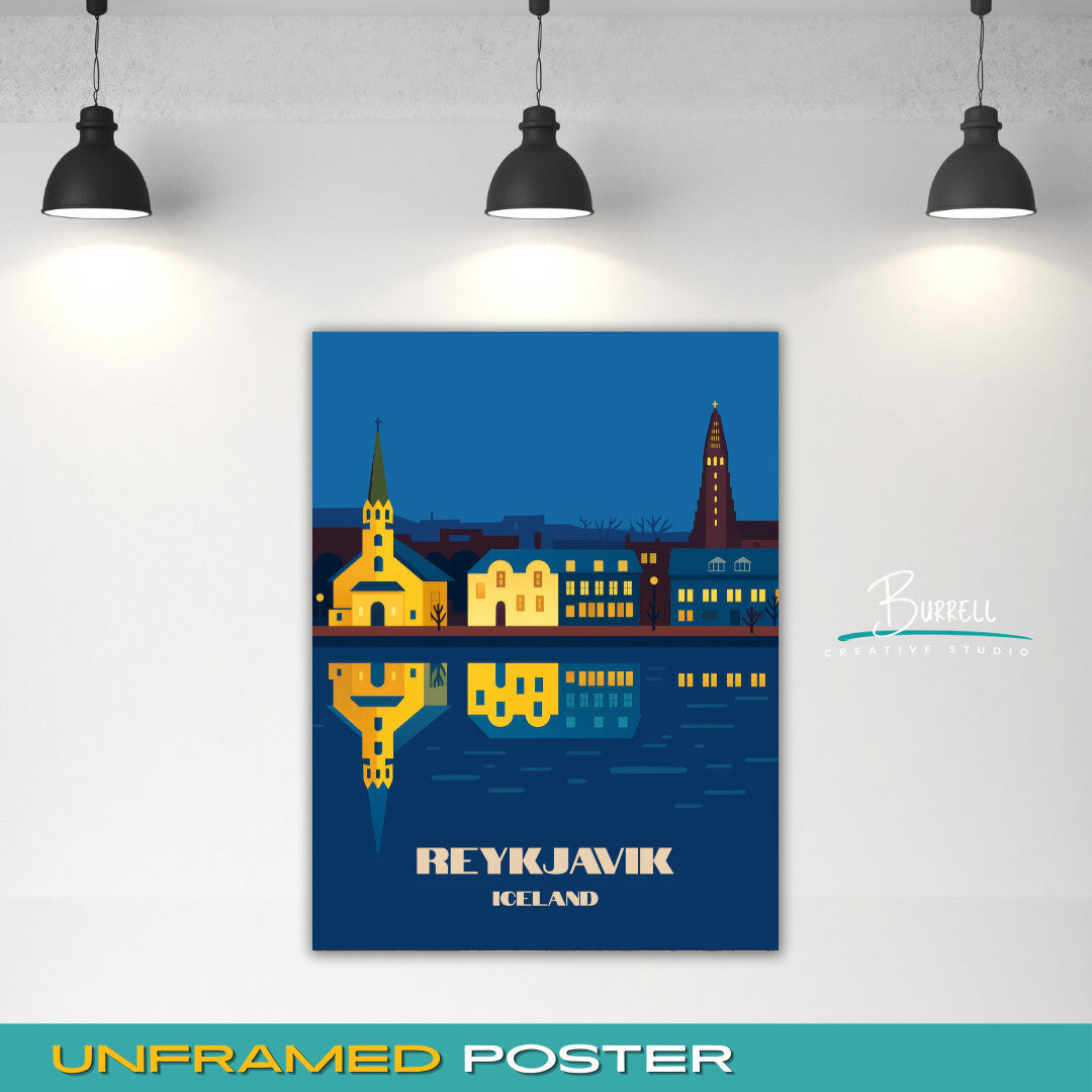 Reykjavik Iceland Tjornin Night View Travel Poster & Wall Art Poster Print