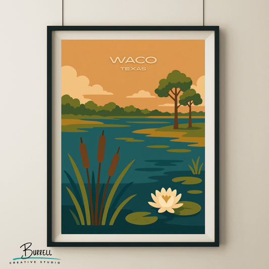 Waco Texas Lake Wetlands View Travel Poster & Wall Art Poster Print