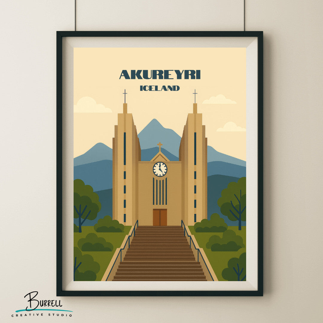 Akureyri Iceland Akureyrarkirkja Church Travel Poster & Wall Art Poster Print