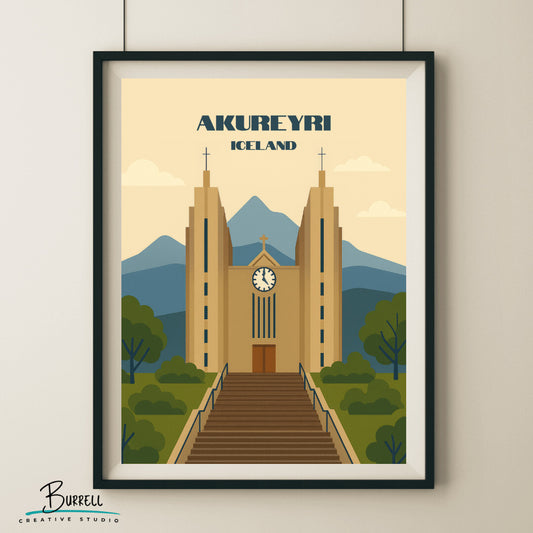 Akureyri Iceland Akureyrarkirkja Church Travel Poster & Wall Art Poster Print