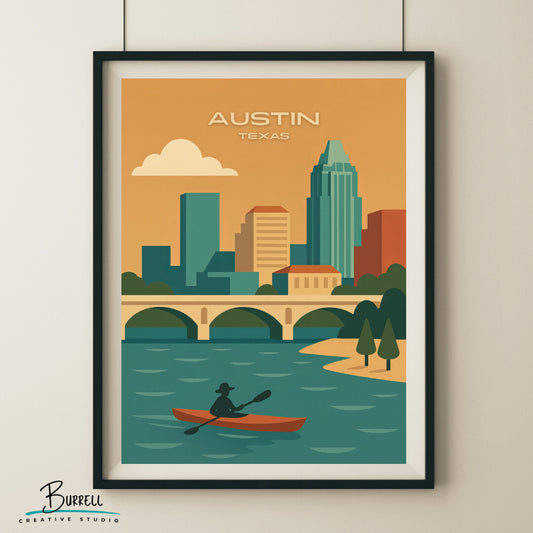 Austin Texas Skyline View Travel Poster & Wall Art Poster Print