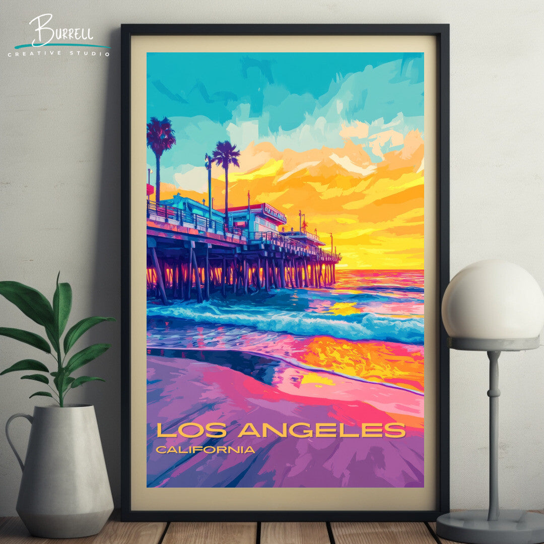 Los Angeles California Santa Monica Pier Travel Poster & Wall Art Poster Print