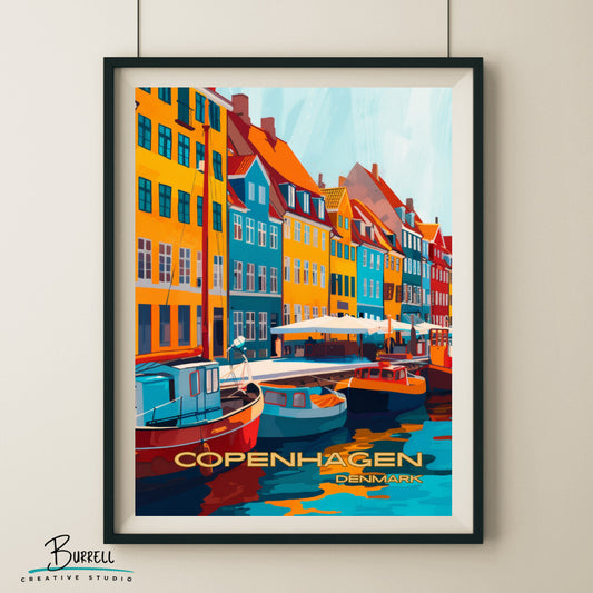 Copenhagen Denmark Nyhavn Waterfront Travel Poster & Wall Art Poster Print