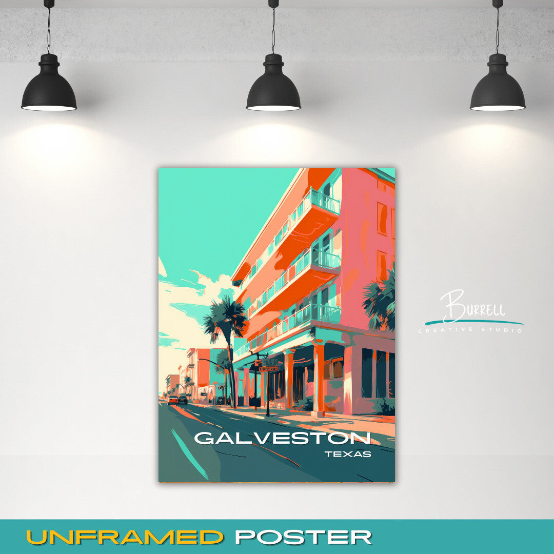 Galveston Texas Seawall Boulevard Travel Poster & Wall Art Poster Print