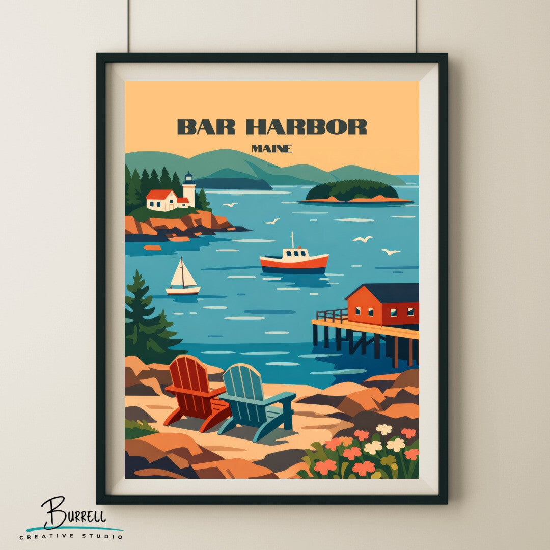 Bar Harbor Maine Coastal View Travel Poster & Wall Art Poster Print