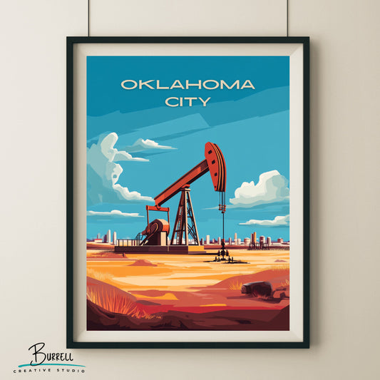Oklahoma City Oklahoma Oil Drilling Travel Poster & Wall Art Poster Print