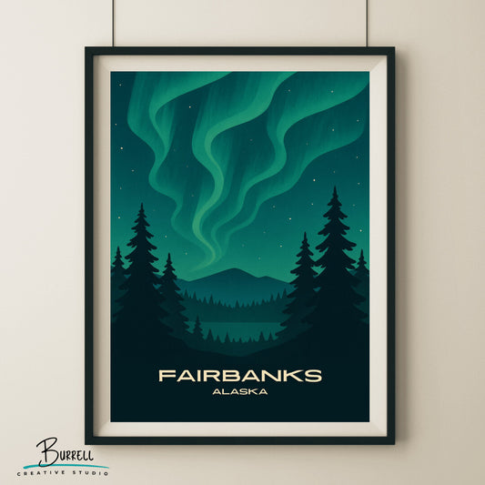 Fairbanks Alaska Winter Northern Lights Travel Poster & Wall Art Poster Print