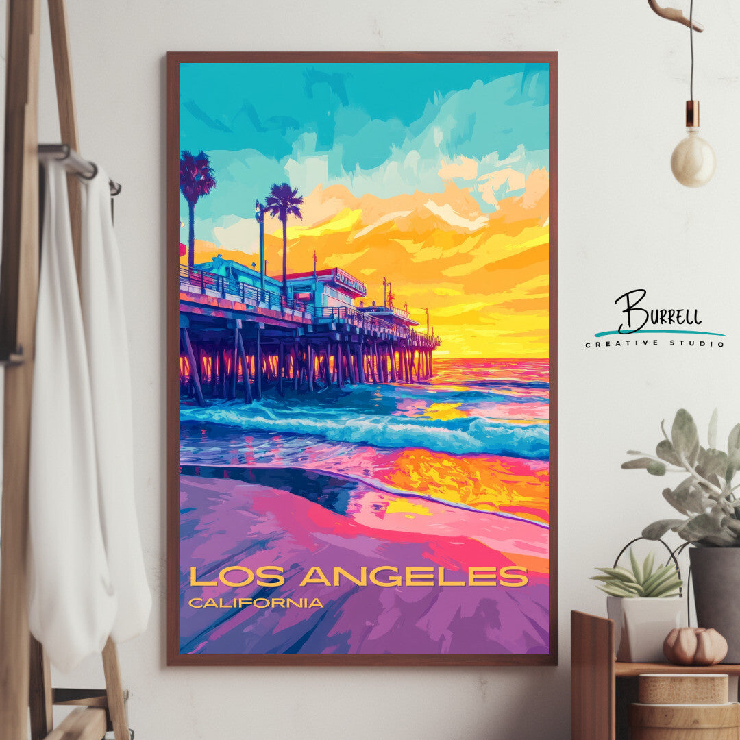 Los Angeles California Santa Monica Pier Travel Poster & Wall Art Poster Print