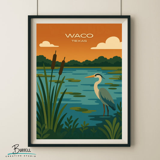Waco Texas Lake Wetlands Travel Poster & Wall Art Poster Print