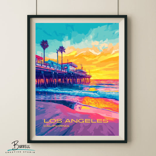 Los Angeles California Santa Monica Pier Travel Poster & Wall Art Poster Print