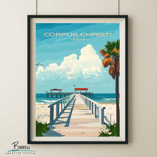 Corpus Cristi Texas Beach Pier View Travel Poster & Wall Art Poster Print