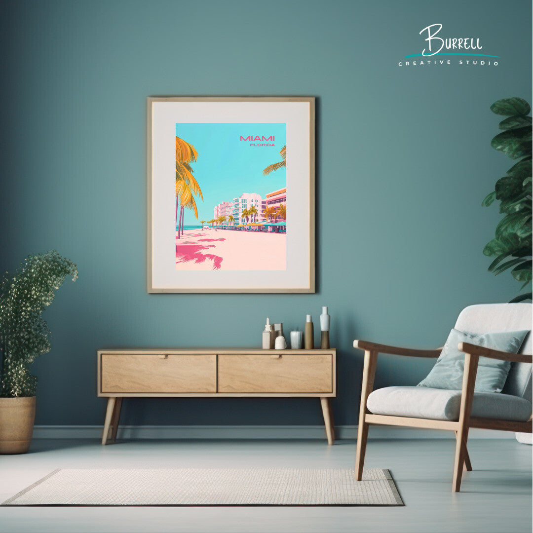 Miami Florida Beach View Travel Poster & Wall Art Poster Print