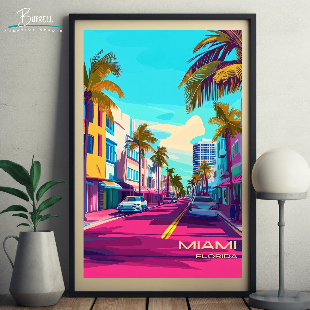 Miami Florida Ocean Drive Travel Poster & Wall Art Poster Print