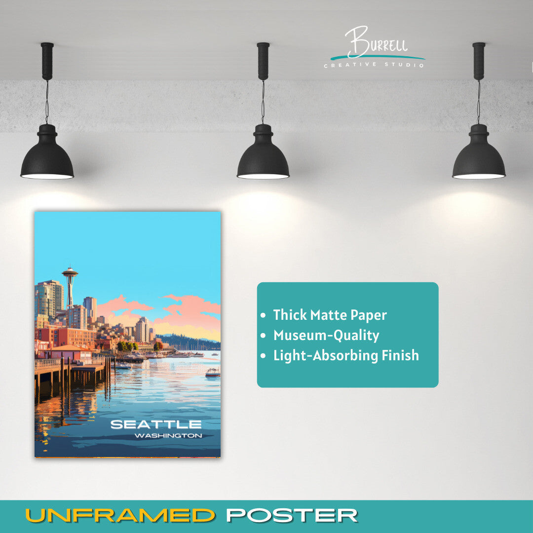 Seattle Washington Waterfront Travel Poster & Wall Art Poster Print