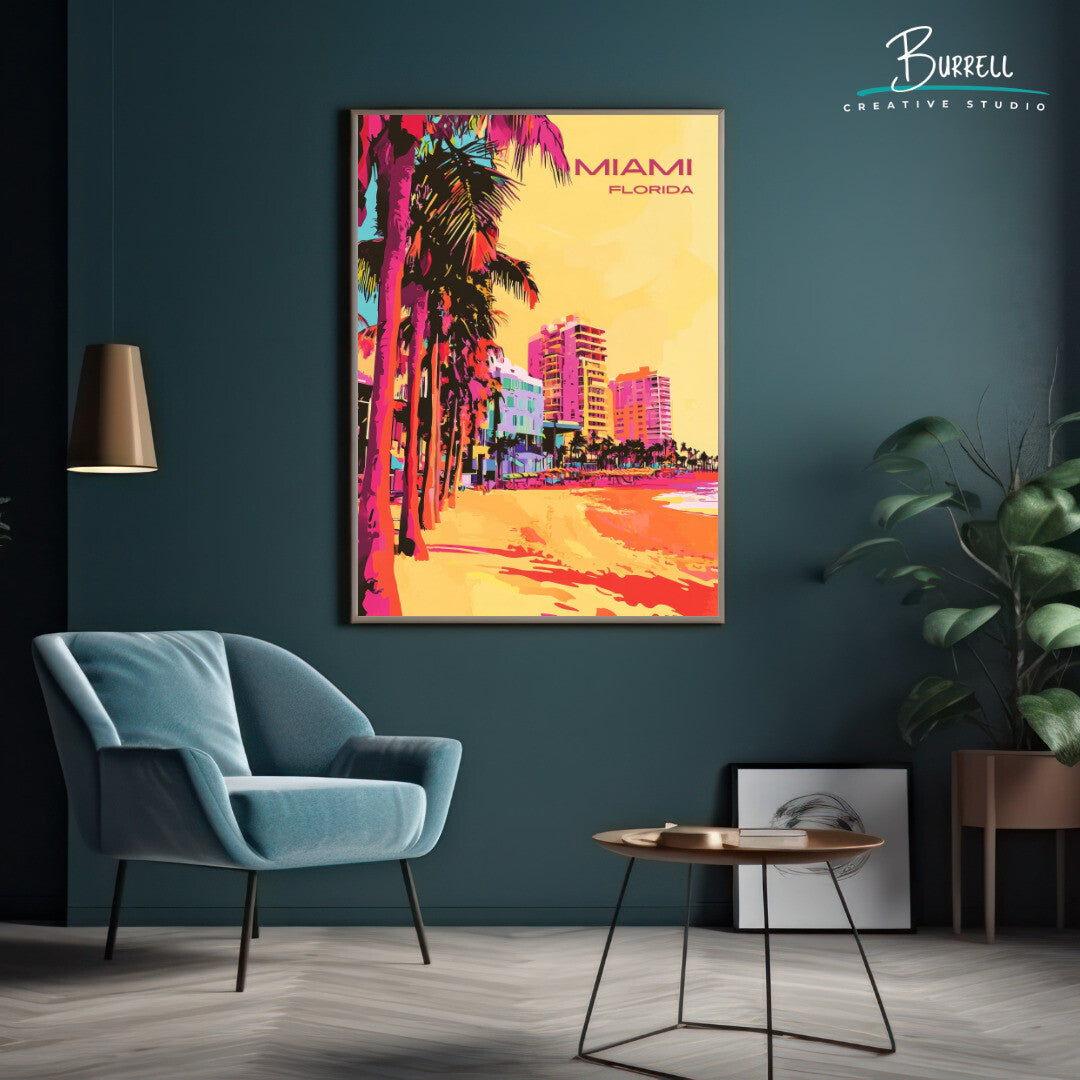 Miami Florida Beach Travel Poster & Wall Art Poster Print