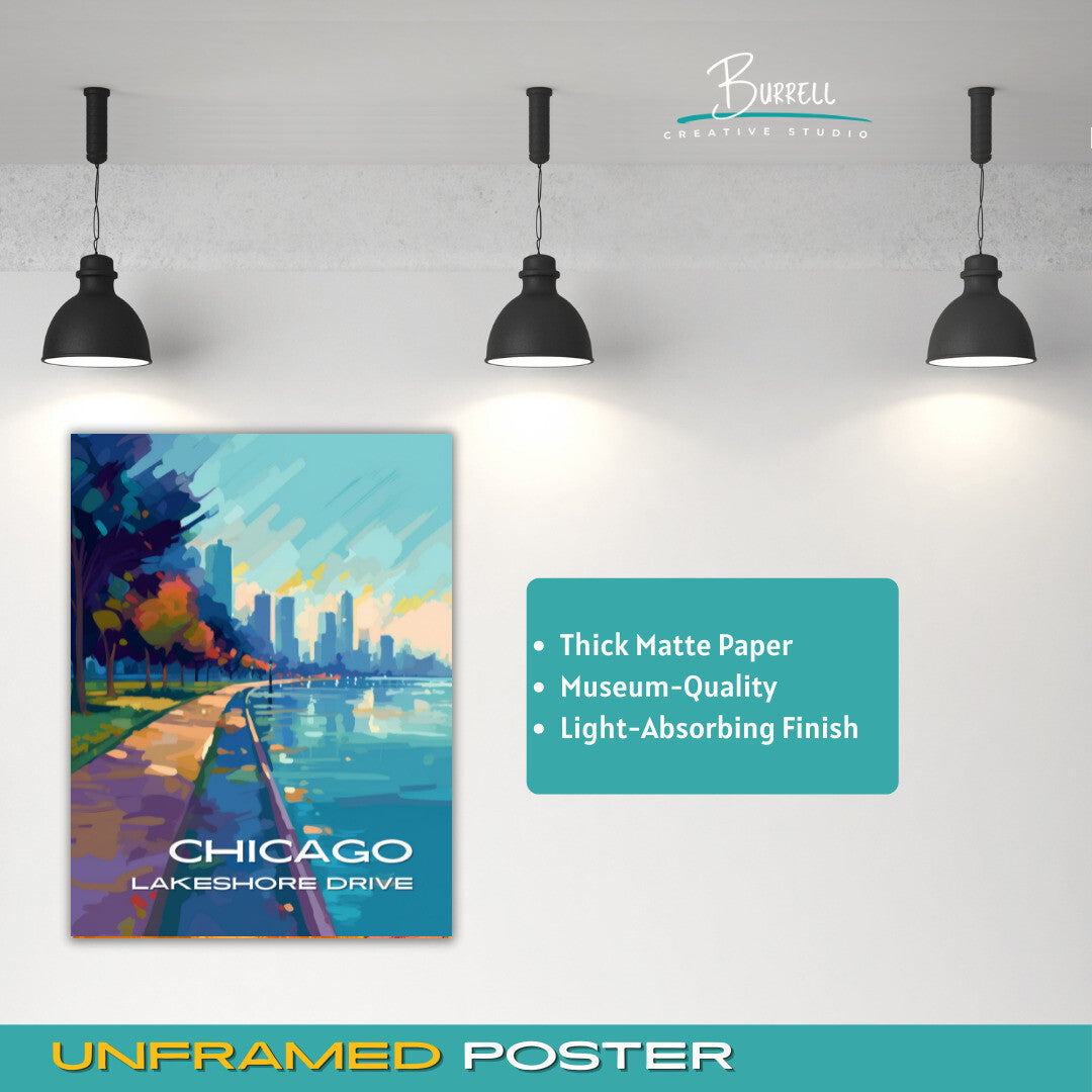 Chicago Illinois Lakeshore Drive Walking Path Travel Poster & Wall Art Poster Print