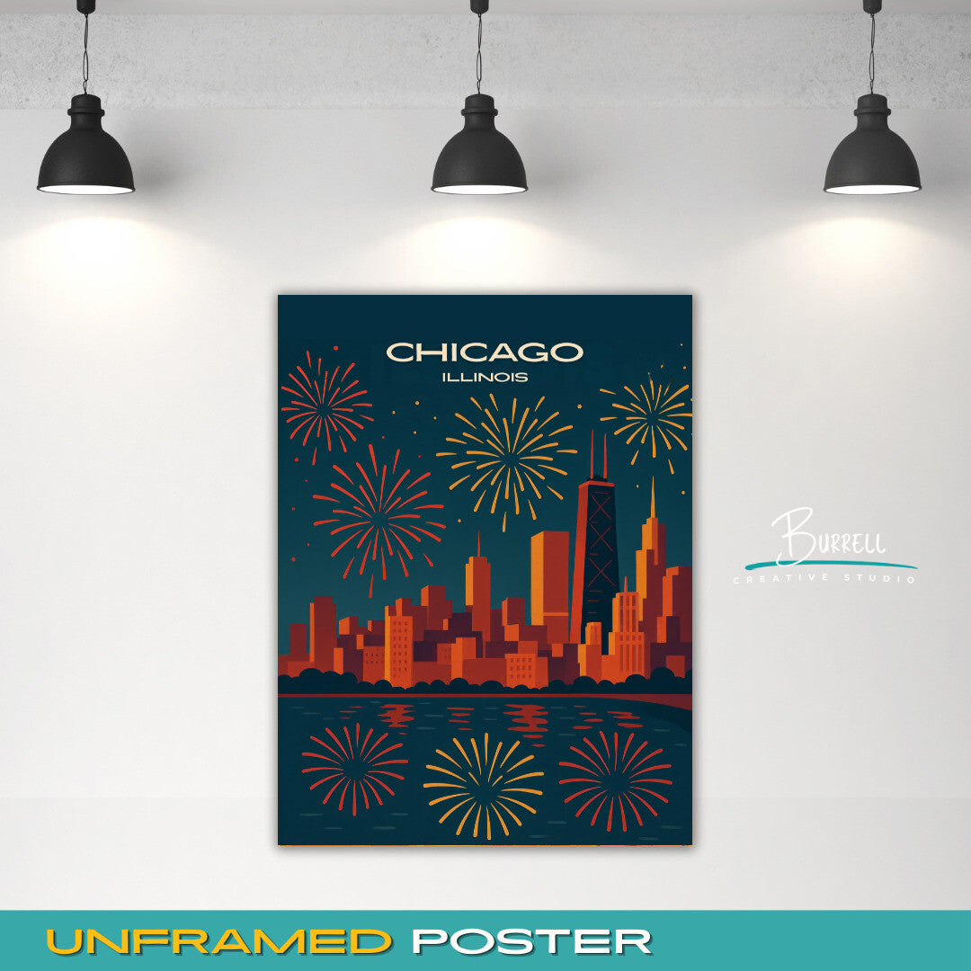 Chicago Illinois New Years Celebration Travel Poster & Wall Art Poster Print