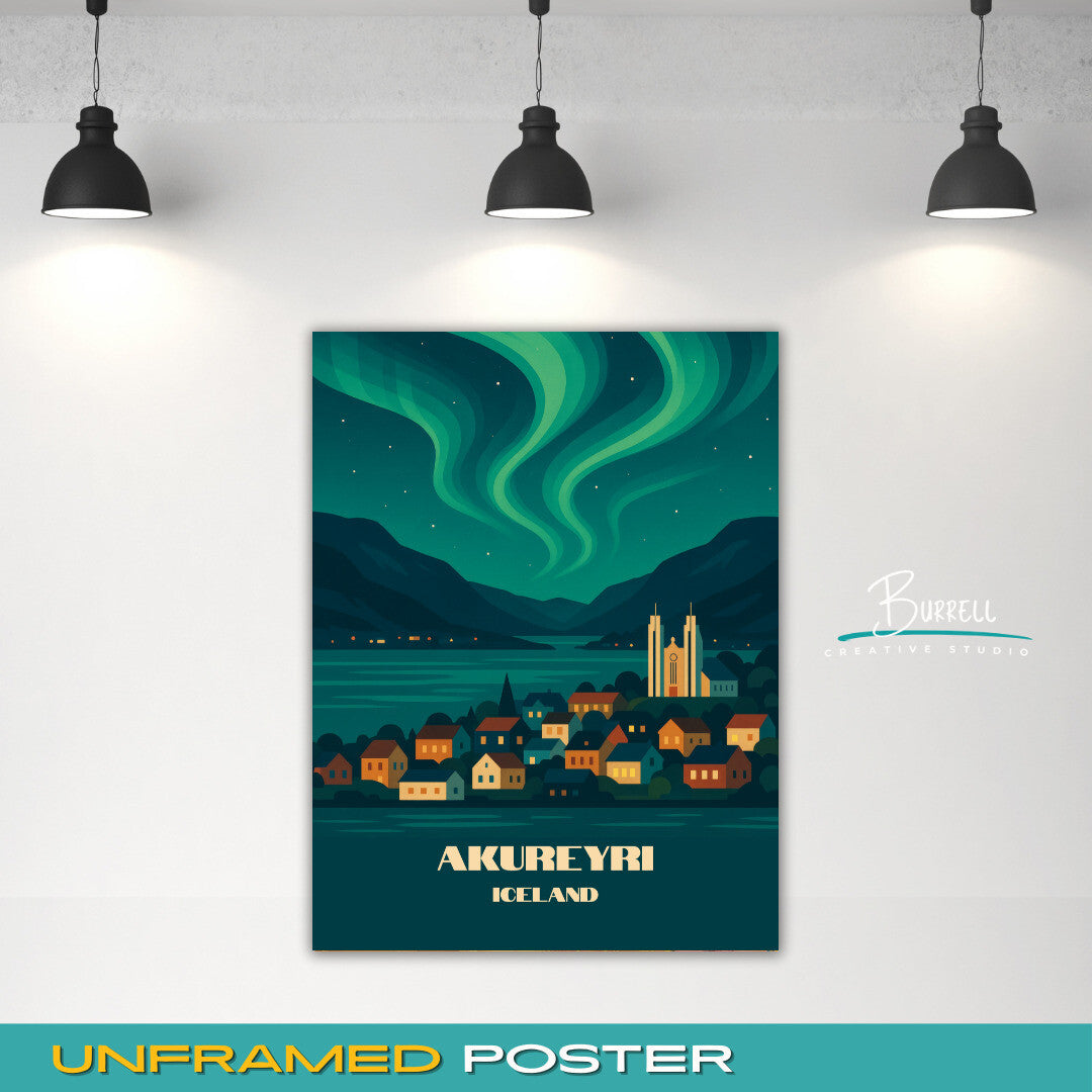Akureyri Iceland Northern Lights Travel Poster & Wall Art Poster Print