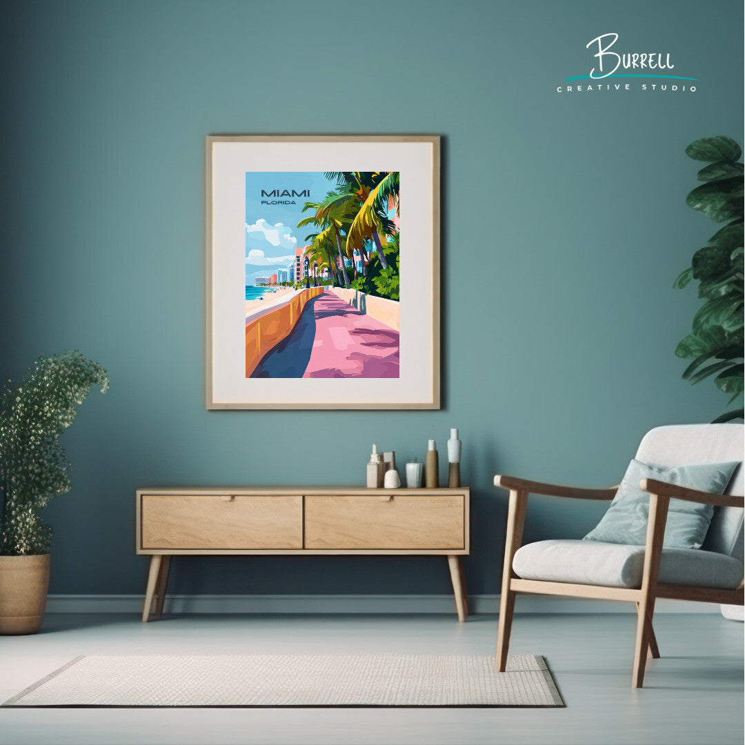 Miami Florida Beach Boardwalk Travel Poster & Wall Art Poster Print