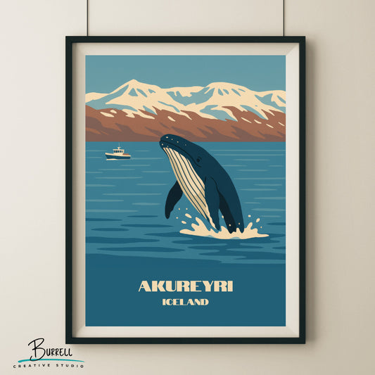 Akureyri Iceland Whale Watching Travel Poster & Wall Art Poster Print